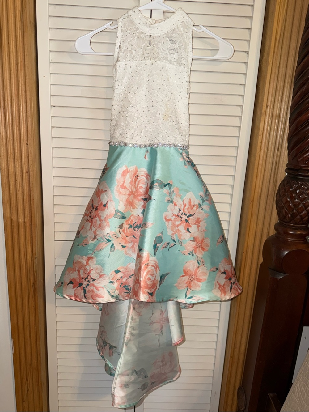 Speechless Kids White and Mint Floral High-Low Girls Dress-Teal & Peach